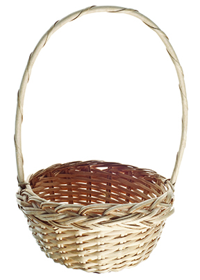 An empty basket with a tall, hooped handle