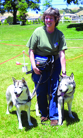 Woman with two Siberian Huskies