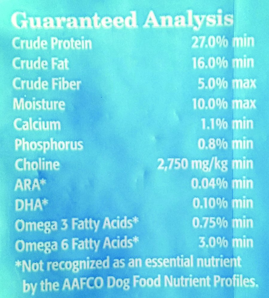 dog food guaranteed analysis label