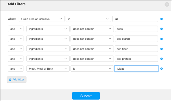 A navigation menu for how to search a dry dog food database.