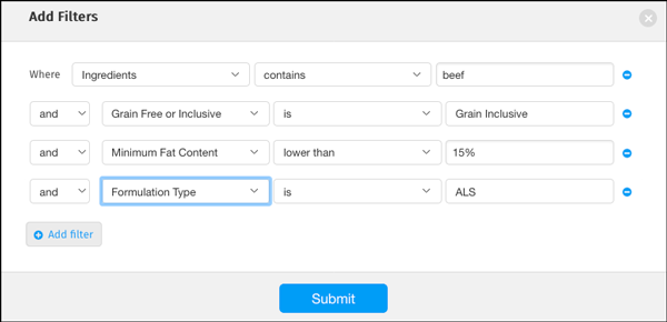 A navigation menu for how to search a dry dog food database.