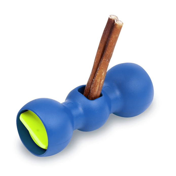 The bow wow buddy is a toy that helps prevent swallowing the end of bully sticks.