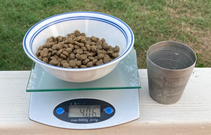 measuring dog food with scale