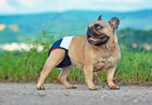 Brown French Bulldog dog wearing fabric period diaper pants for protection