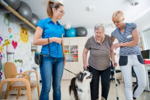 Caregivers Helping Senior Woman to Walk With a Dog In Retirement Home