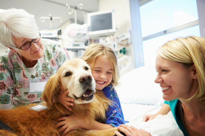 Young girl in hospital hugging therapy dog