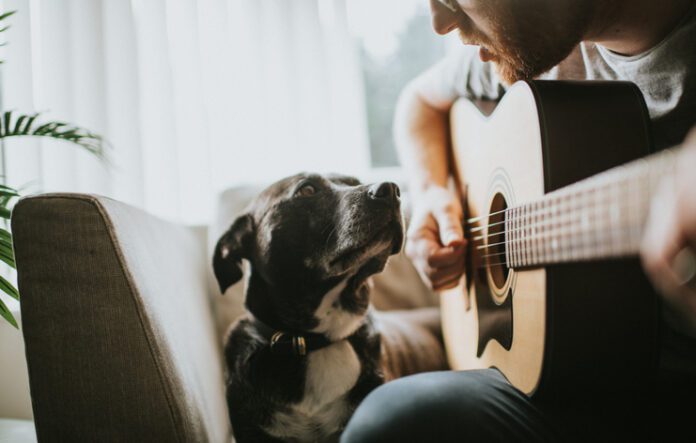 Singing to a dog.