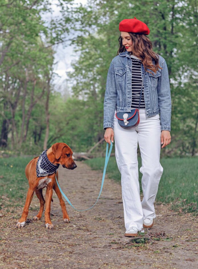 Female owner with Rhodesian Ridgeback puppy in nature