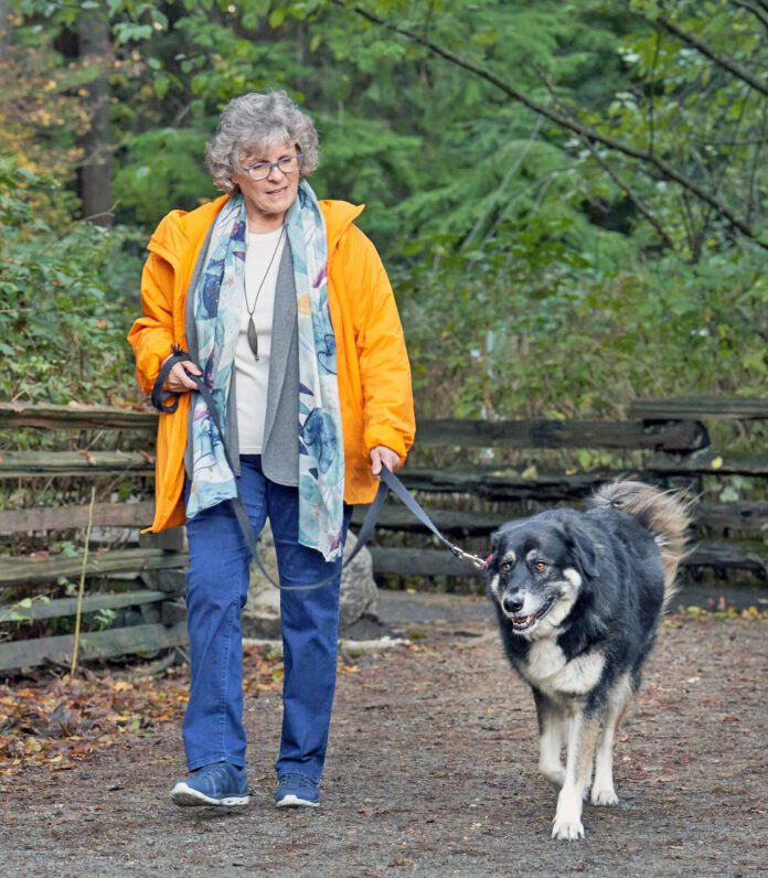 Woman taking her dog for a walk on a forest path