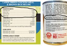 Photo of a canned dog food label with the protein and carbohydrates circled.