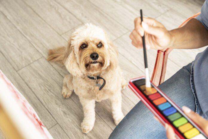 Close-up of mature woman sitting with dog while painting on canvas at home