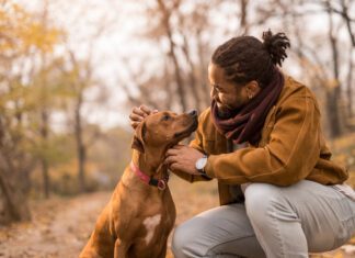 Cheerful young African American man showing love to his dog a Rhodesian Ridgeback.